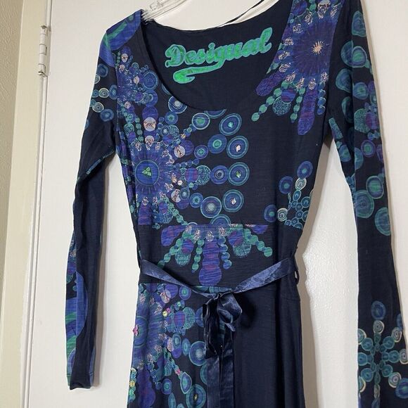 DESIGUAL blue abstract circles sequin v-neck long sleeve wrapped dress EU Small - Picture 8 of 9